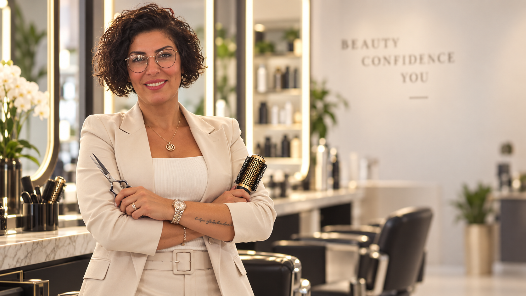 Fulya Ozgur standing in a salon holding haircutting shears and a round brush.